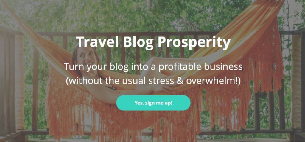The background is Jessie in an orange hammock. In the foreground, white text says "Travel Blog Prosperity: Turn your blog into a profitable business"