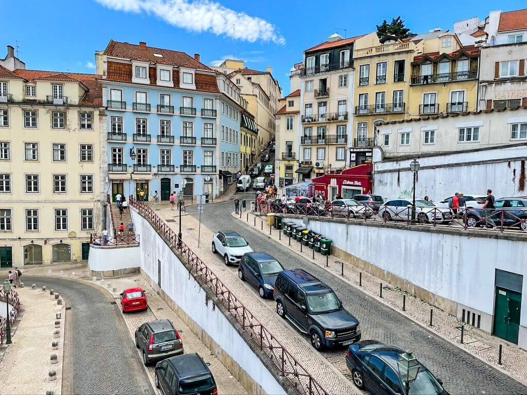 Yellow and blue buildings on the streets in Lisbon